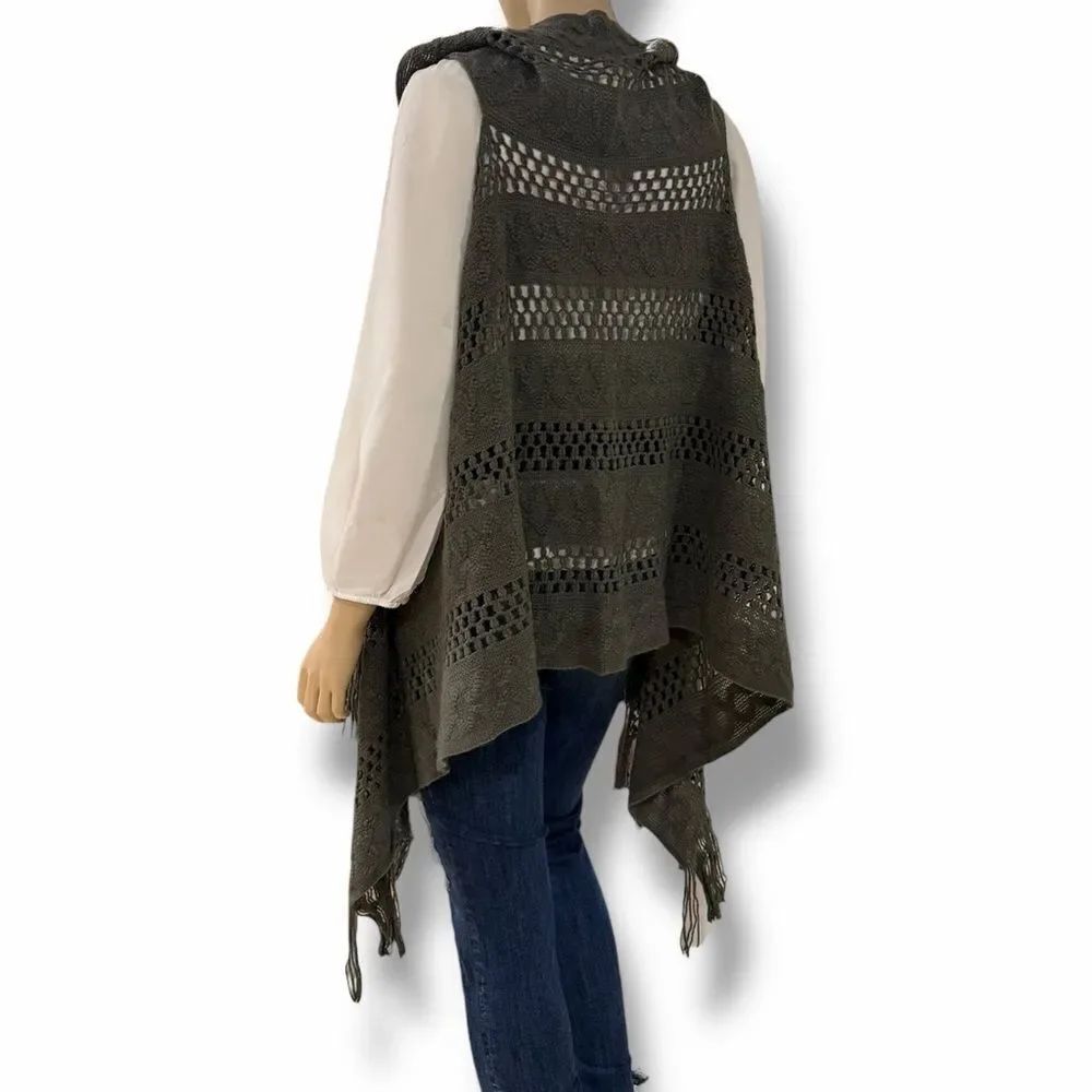 Charcoal Gray Open Knit Asymmetric Fringe Vest OS NWT